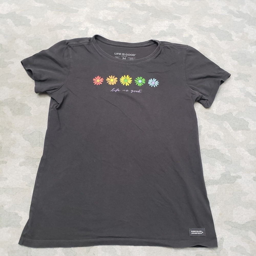 Life Is Good Top Womens Medium Gray Short Sleeve Outdoors Flower